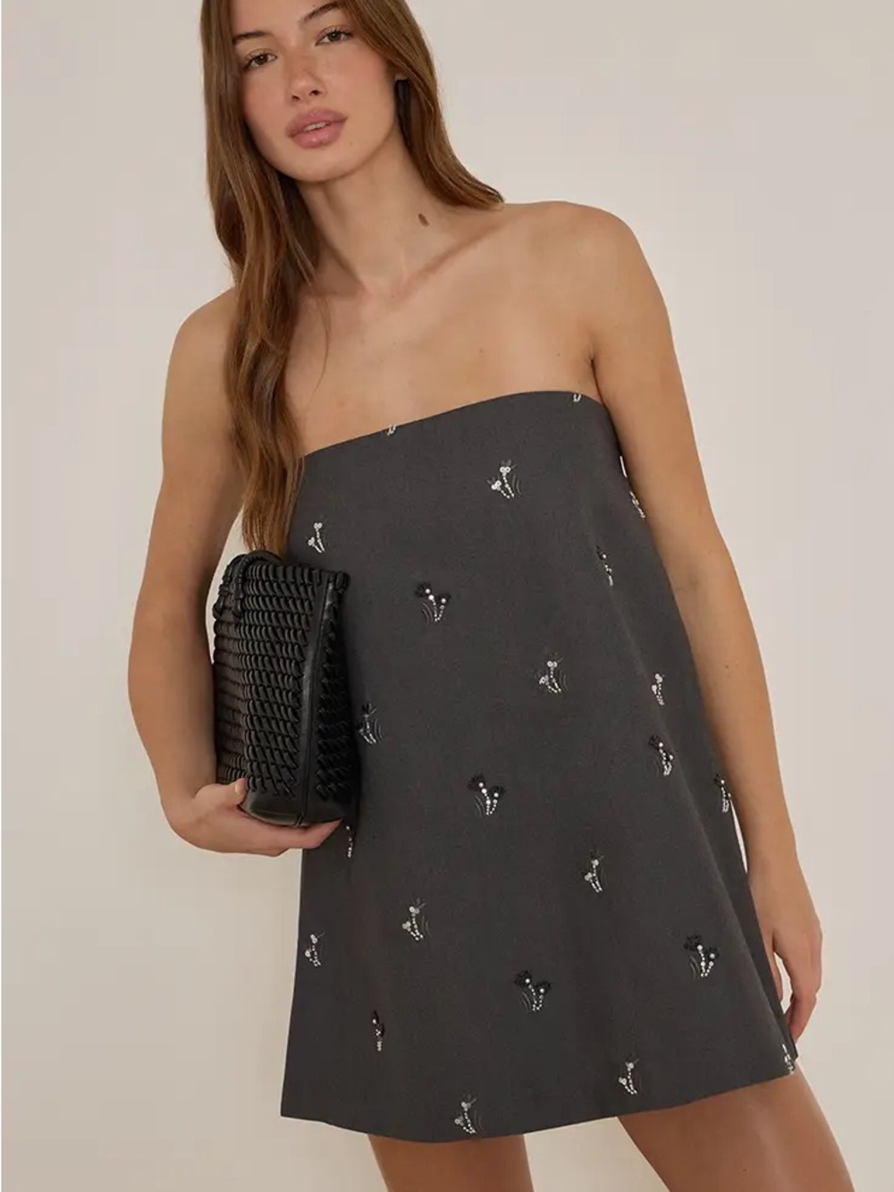 PrettyLittleThing Charcoal Strapless Embellished Mini Dress
